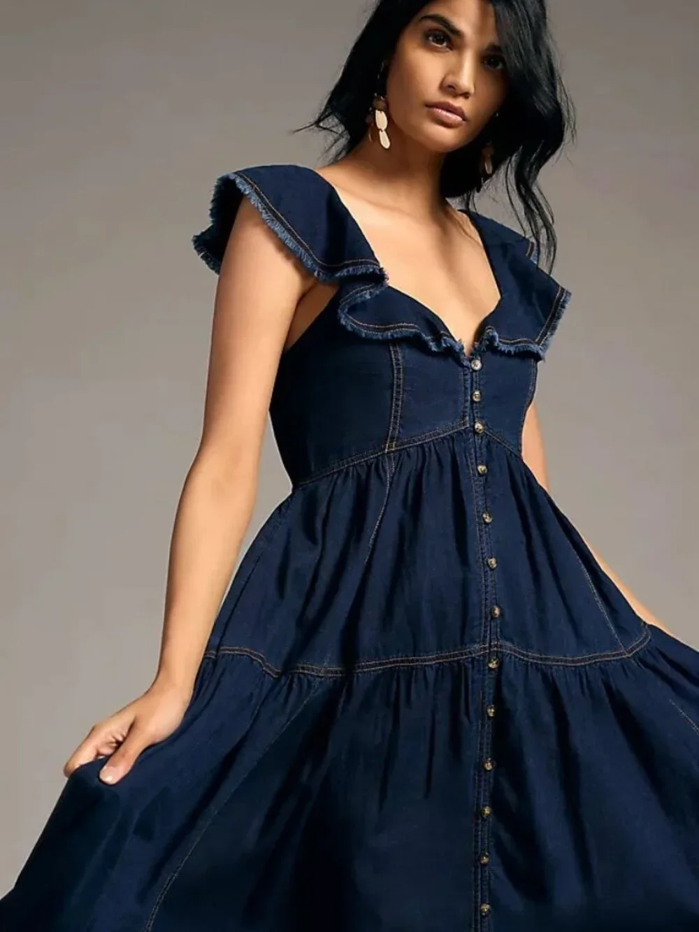 Anthropologie Pilcro Navy Denim Button-Front Ruffle Maxi Dress - Picture 3 of 8